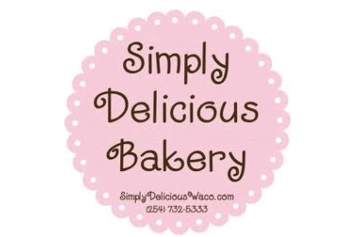 A pink scalloped logo for Simply Delicious Bakery with contact information in McLennan County, Texas.