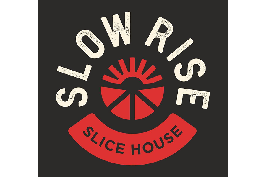 A logo for Slow Rise Slice House featuring a stylized red sun and text in McLennan County, Texas.