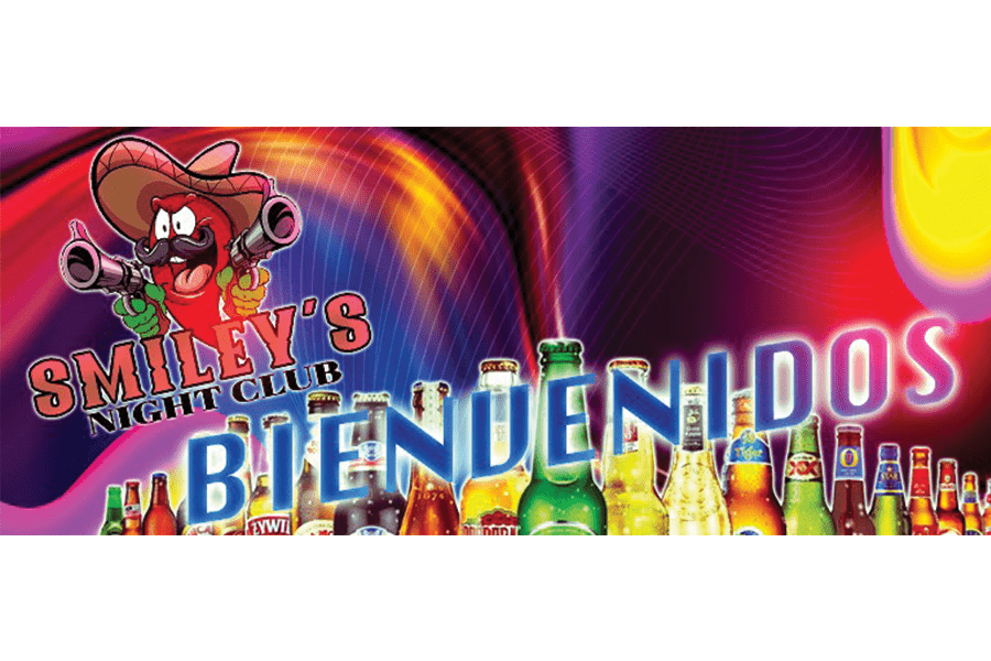 A colorful promotional banner for Smiley's Night Club featuring a cartoon chili pepper and beer in McLennan County, Texas.