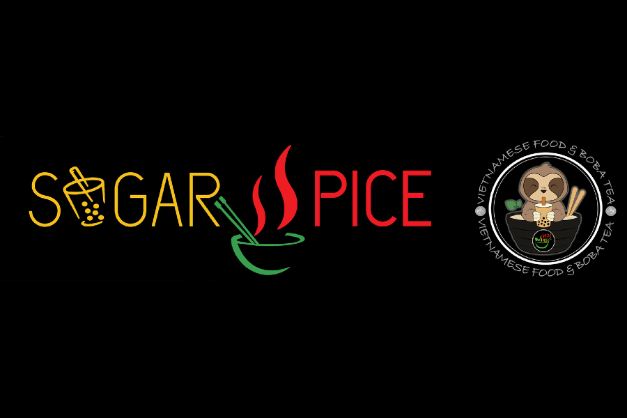 Logo for Sugar Spice featuring a boba tea cup and a bowl of noodles in McLennan County, Texas.