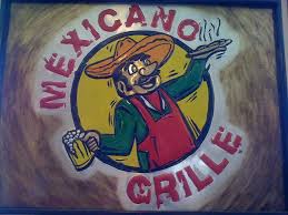 A painted sign for a Mexican Grille featuring a cartoon man holding a beer in McLennan County, Texas.