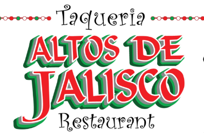 A logo for Taqueria Altos de Jalisco Restaurant with red, white, and green text in McLennan County, Texas.