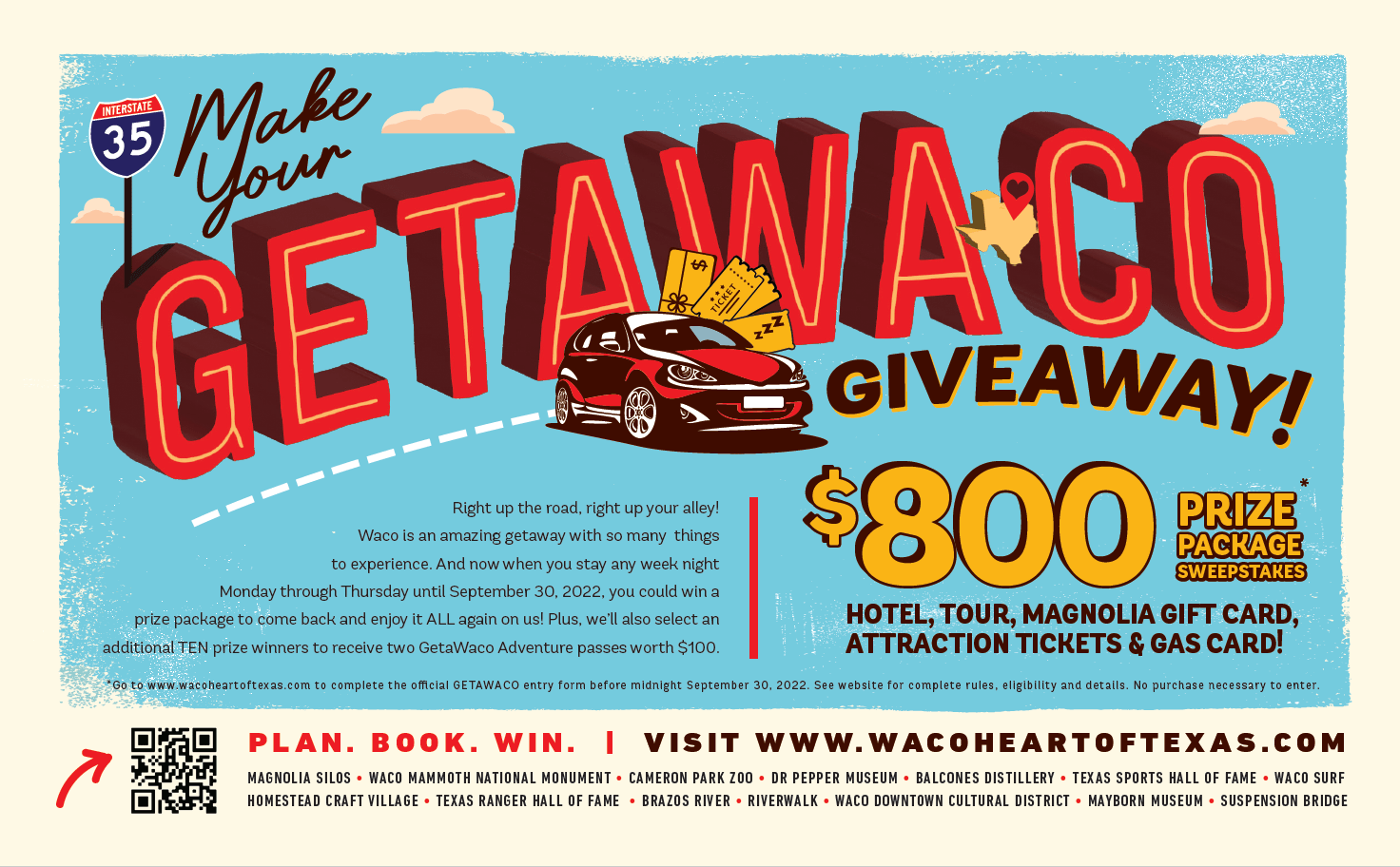 A promotional graphic for a Waco, Texas travel giveaway featuring a car and text in McLennan County, Texas.