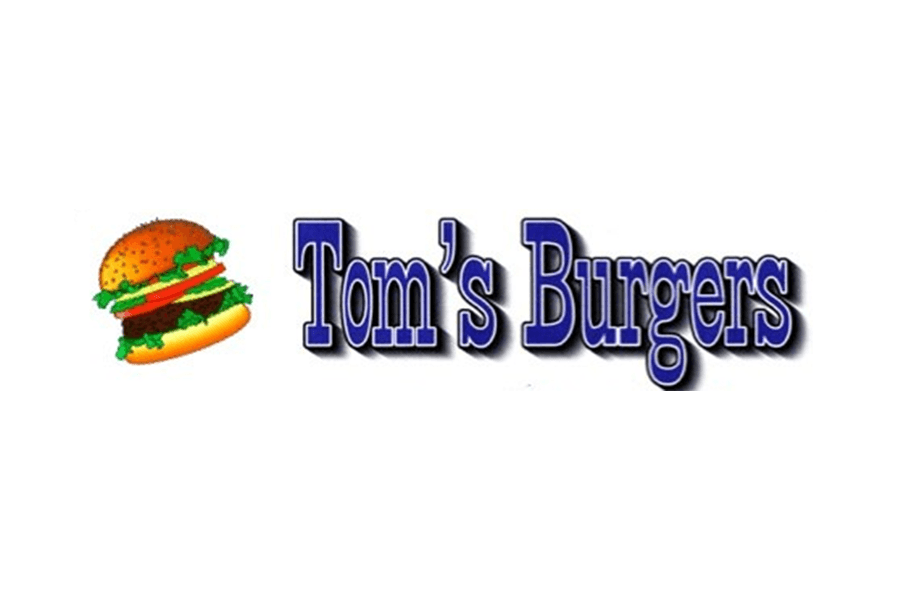 The logo for Tom's Burgers featuring a cartoon hamburger next to the text in McLennan County, Texas.