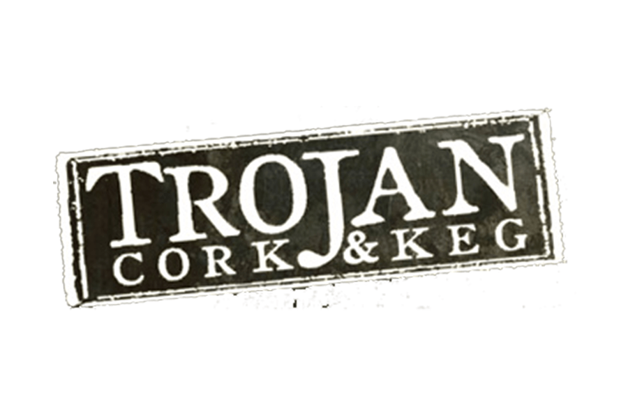 A rectangular logo featuring the text Trojan Cork & Keg in a stylized font in McLennan County, Texas.