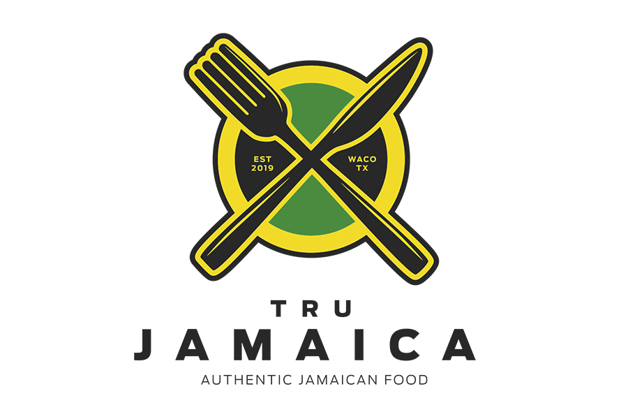 Logo for Tru Jamaica featuring crossed fork and knife over a green and yellow circle in McLennan County, Texas.