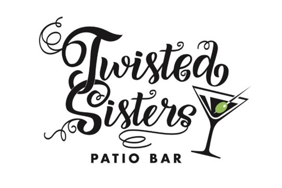 A logo for Twisted Sisters Patio Bar featuring stylized text and a martini glass in McLennan County, Texas.