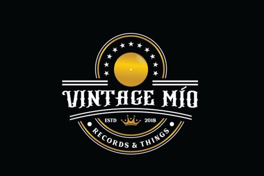 A circular logo for Vintage Mio Records & Things featuring a gold record and crown in McLennan County, Texas.