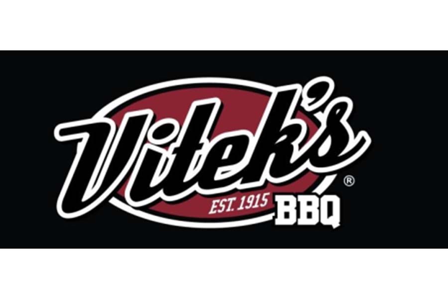 The logo for Vitek's BBQ featuring white text on a maroon oval background in McLennan County, Texas.