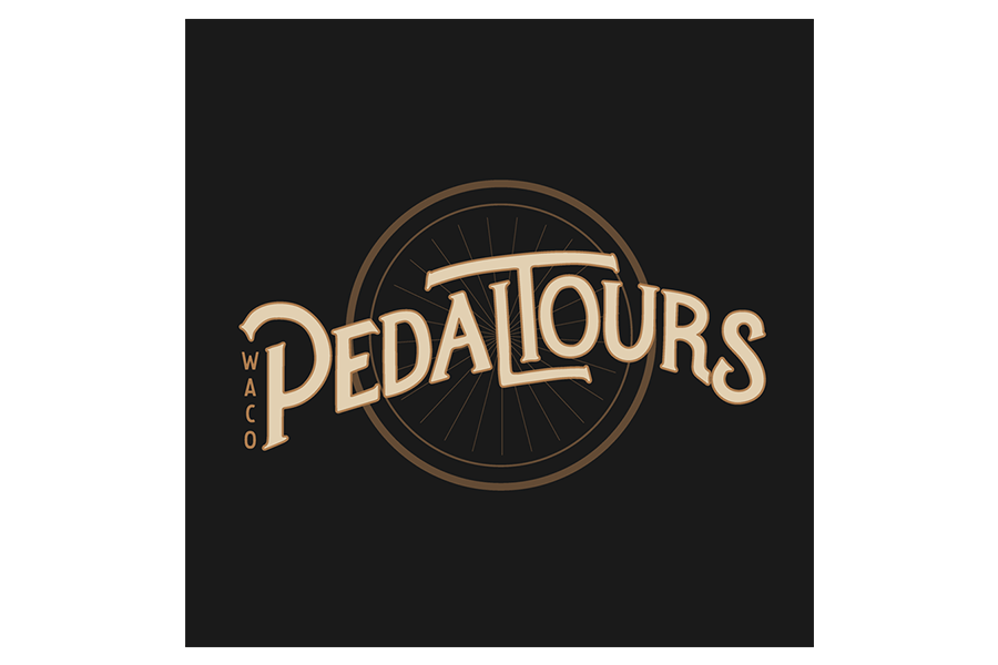 A logo for Waco Pedal Tours featuring stylized text over a bicycle wheel graphic in McLennan County, Texas.
