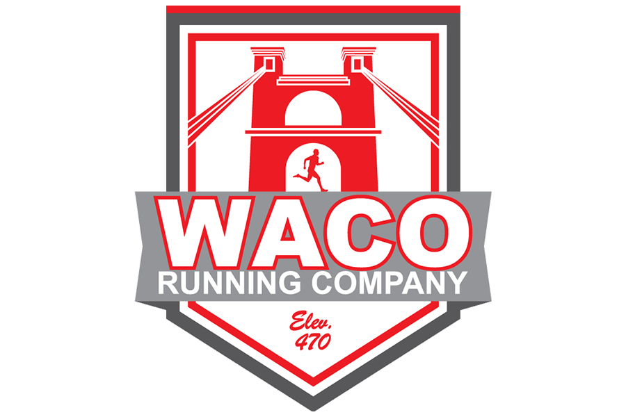 Logo for Waco Running Company featuring a suspension bridge and a running figure in McLennan County, Texas.