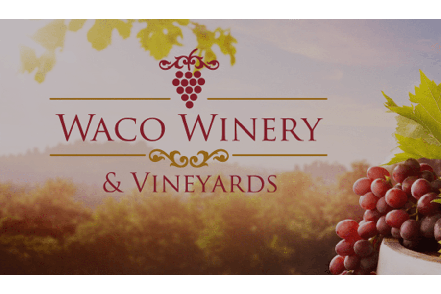 The logo for Waco Winery & Vineyards featuring a grape cluster over a vineyard background in McLennan County, Texas.