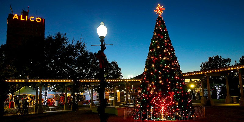 A large, illuminated Christmas tree stands in a park at twilight near the Alico building in McLennan County, Texas.