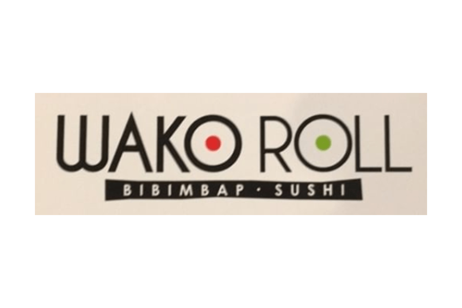 The logo for Wako Roll featuring text and a bibimbap and sushi label in McLennan County, Texas.