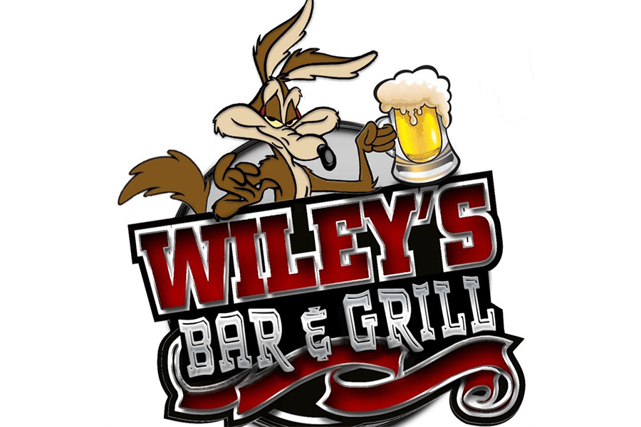 A cartoon coyote holding a beer mug above the Wiley's Bar & Grill logo in McLennan County, Texas.