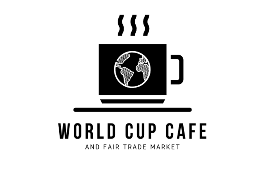 A black and white logo for World Cup Cafe featuring a coffee mug with a globe in McLennan County, Texas.