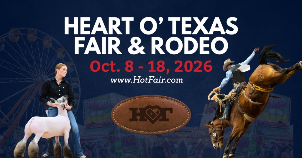 Promotional graphic for the Heart O' Texas Fair & Rodeo featuring a sheep and cowboy in McLennan County, Texas.