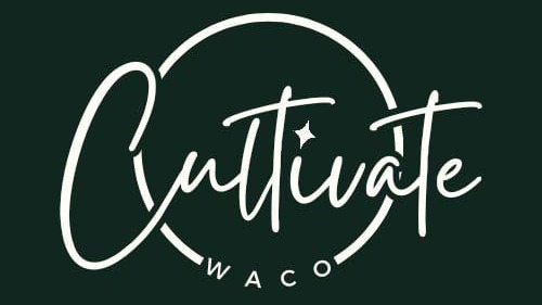 A white logo featuring the word Cultivate in cursive script inside a circle in McLennan County, Texas.