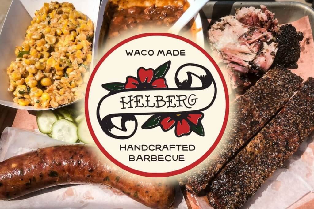 A tray of assorted barbecue meats, corn, and pickles with a Helberg Barbecue logo overlay in McLennan County, Texas.