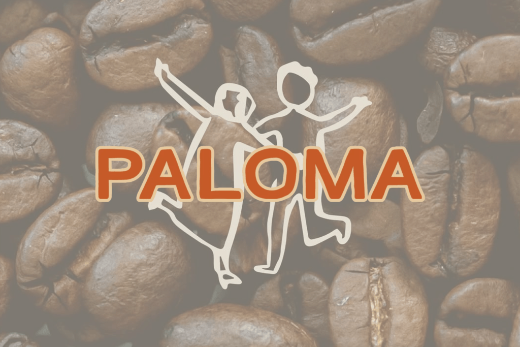The word PALOMA overlaid on a background of roasted coffee beans with line art figures in McLennan County, Texas.