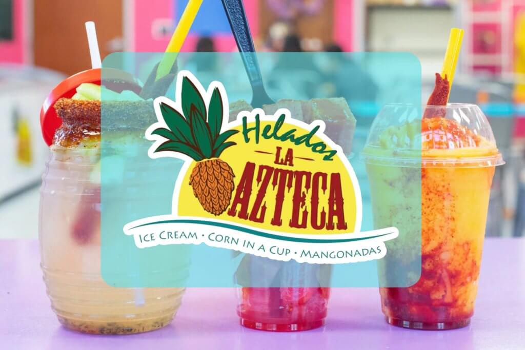 Three colorful Mexican-style drinks and snacks displayed with a Helados La Azteca logo overlay in McLennan County, Texas.