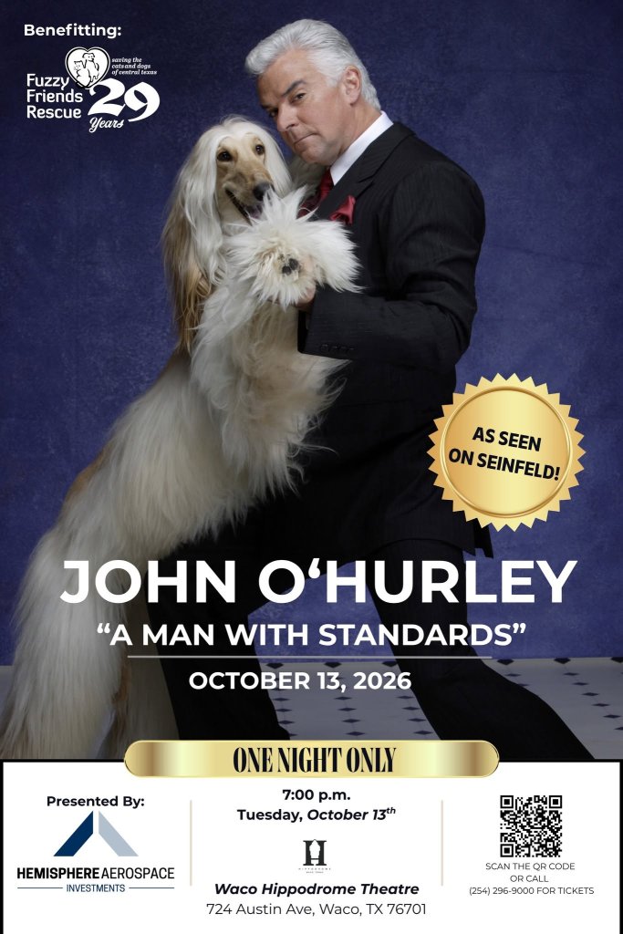 John O'Hurley poses with an Afghan Hound for a theater event poster in McLennan County, Texas.