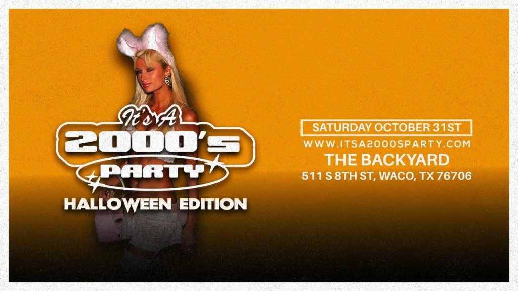 A promotional flyer for a 2000s themed Halloween party featuring Paris Hilton in McLennan County, Texas.