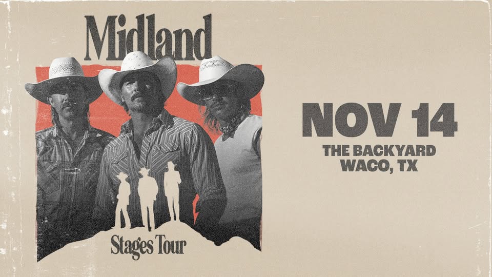 A concert poster for the band Midland featuring three men in cowboy hats in McLennan County, Texas.