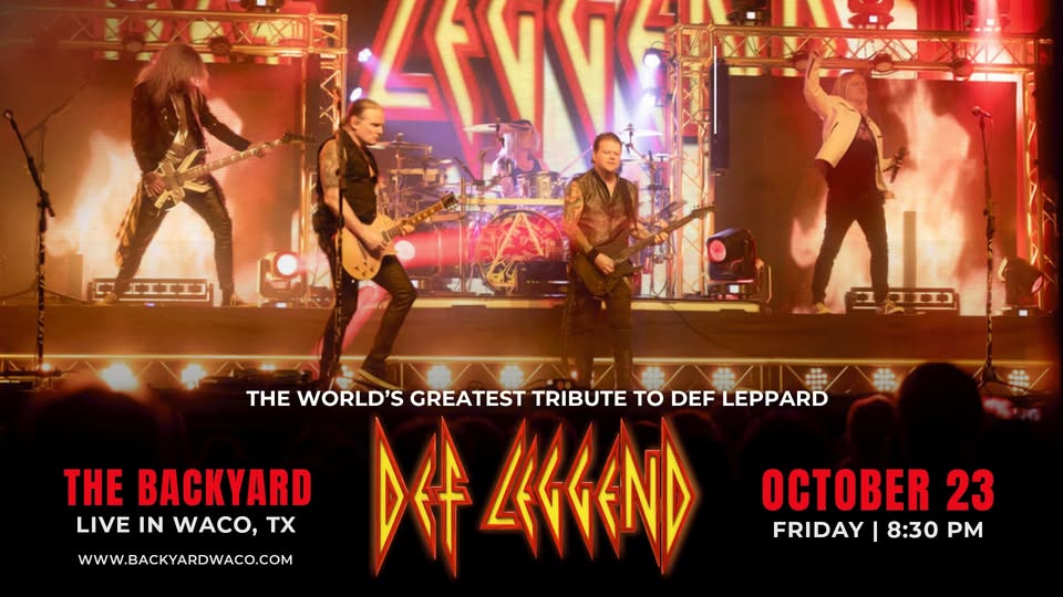 A Def Leppard tribute band performs on stage with flames in the background in McLennan County, Texas.
