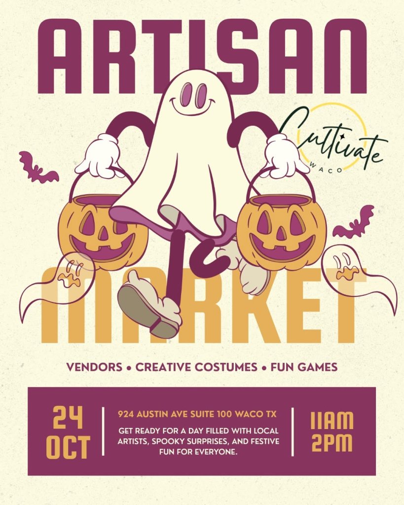 A vintage-style Halloween poster featuring a cartoon ghost holding two jack-o'-lantern buckets in McLennan County, Texas.