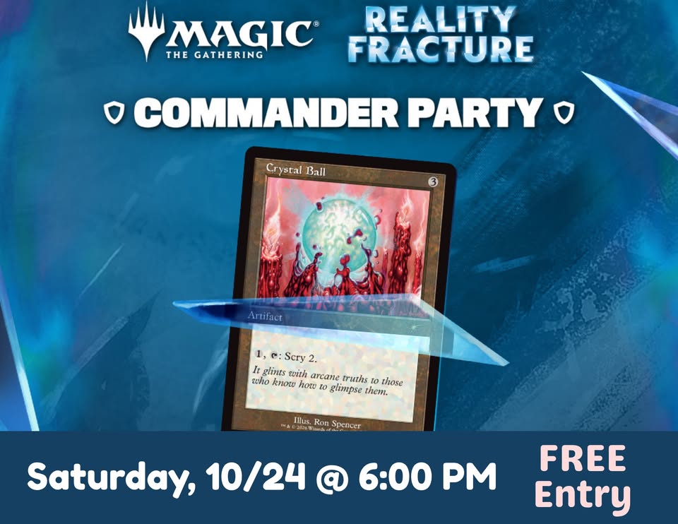 A promotional poster for a Magic: The Gathering Reality Fracture Commander Party event in McLennan County, Texas.