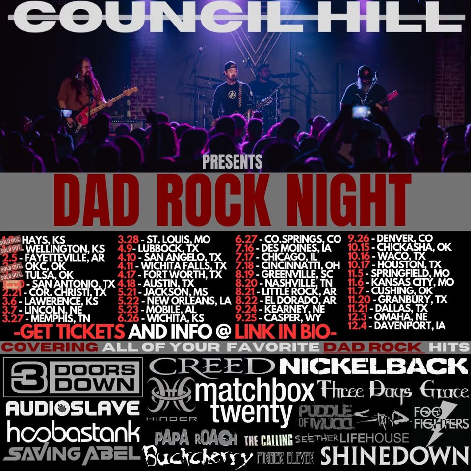 A concert poster for a Dad Rock Night tour featuring a list of band names in McLennan County, Texas.