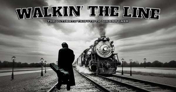 A man with a guitar case stands on train tracks facing a steam locomotive in McLennan County, Texas.