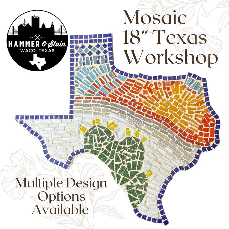 A mosaic art piece shaped like the state of Texas with colorful tile patterns in McLennan County, Texas.