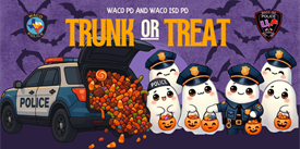 A police car trunk filled with candy and cute ghosts wearing police hats in McLennan County, Texas.