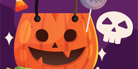 A cartoon pumpkin trick-or-treat bucket surrounded by Halloween candy and a skull in McLennan County, Texas.