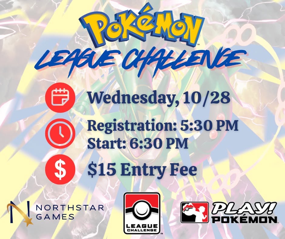A flyer for a Pokemon League Challenge event at Northstar Games on October 28th in McLennan County, Texas.