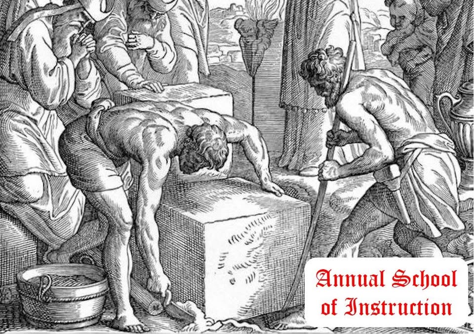 A black and white engraving depicting men working with large stone blocks in McLennan County, Texas.