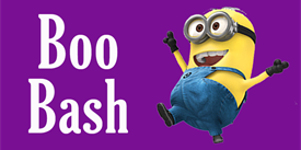 A happy minion character next to the text Boo Bash on a purple background in McLennan County, Texas.