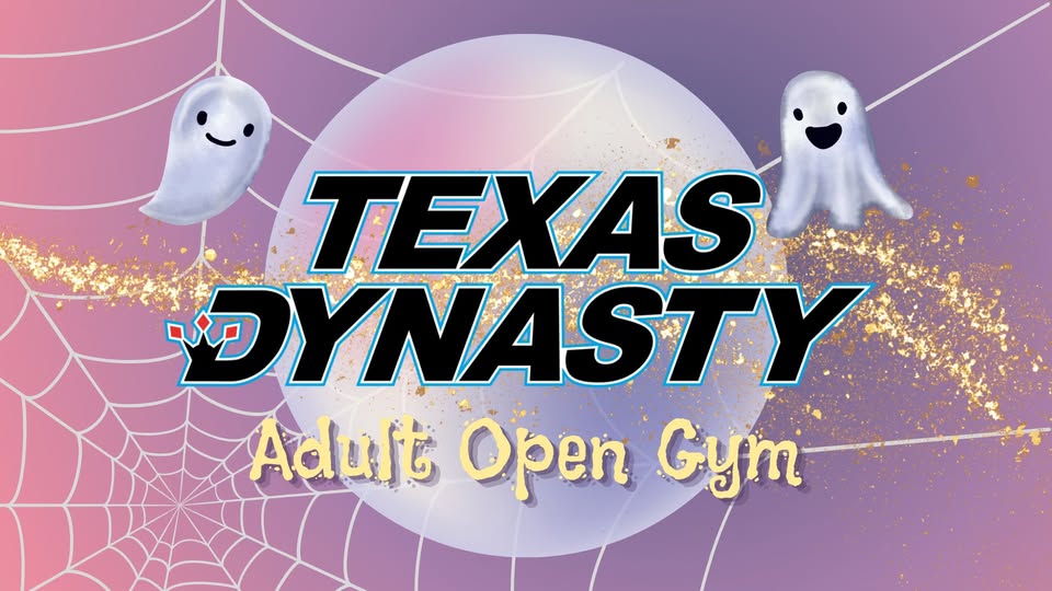 A Halloween-themed graphic for Texas Dynasty Adult Open Gym with ghosts and spiderwebs in McLennan County, Texas.