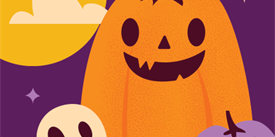 A stylized illustration of a smiling jack-o'-lantern, a ghost, and a purple pumpkin in McLennan County, Texas.