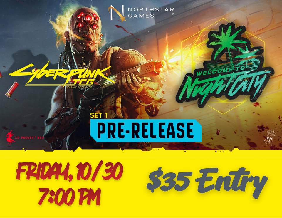 A promotional poster for a Cyberpunk trading card game pre-release event in McLennan County, Texas.