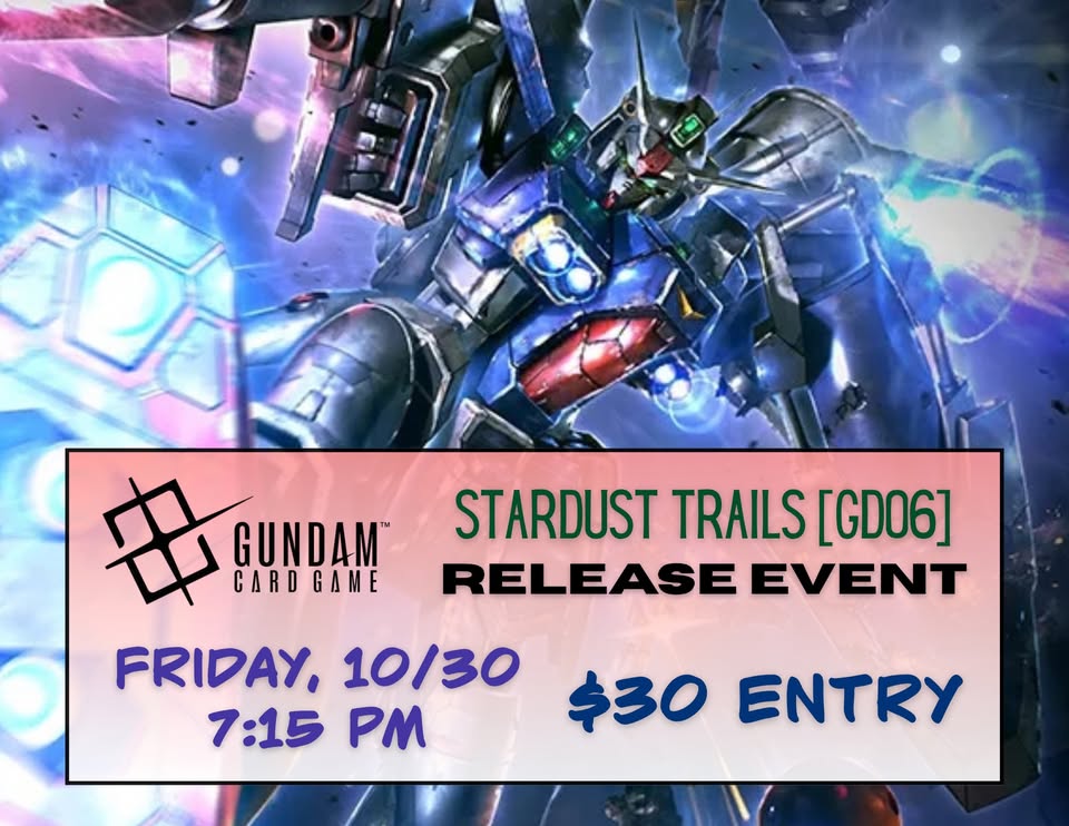 A promotional poster for a Gundam card game release event featuring a blue mecha in McLennan County, Texas.