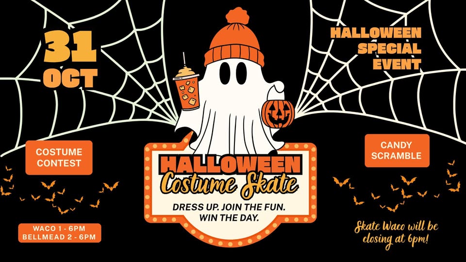 A Halloween event flyer featuring a ghost in a beanie holding a drink and pumpkin in McLennan County, Texas.