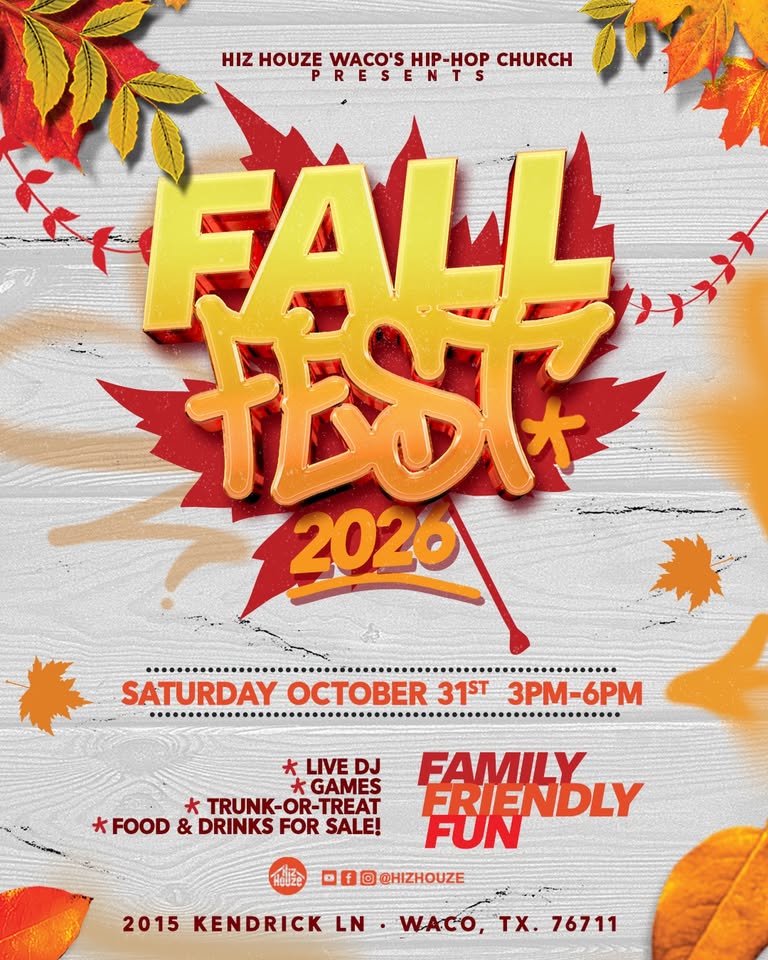 A flyer for a 2026 Fall Fest event with autumn leaves on a wooden background in McLennan County, Texas.
