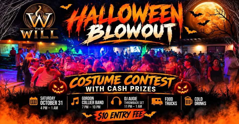 A promotional flyer for a Halloween Blowout party featuring a crowd and event details in McLennan County, Texas.