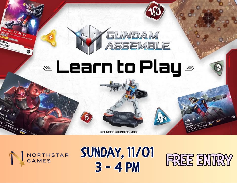 Promotional flyer for a Gundam Assemble learn to play event at Northstar Games in McLennan County, Texas.
