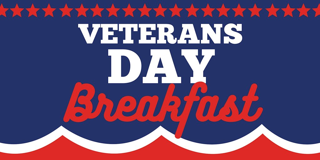 A graphic banner for a Veterans Day breakfast with red, white, and blue colors in McLennan County, Texas.