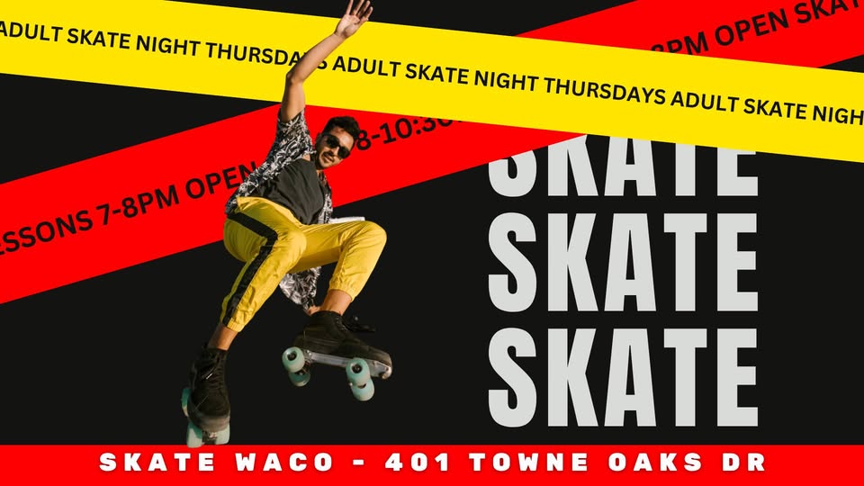 A man roller skating in a dynamic pose against a bold graphic advertisement background in McLennan County, Texas.