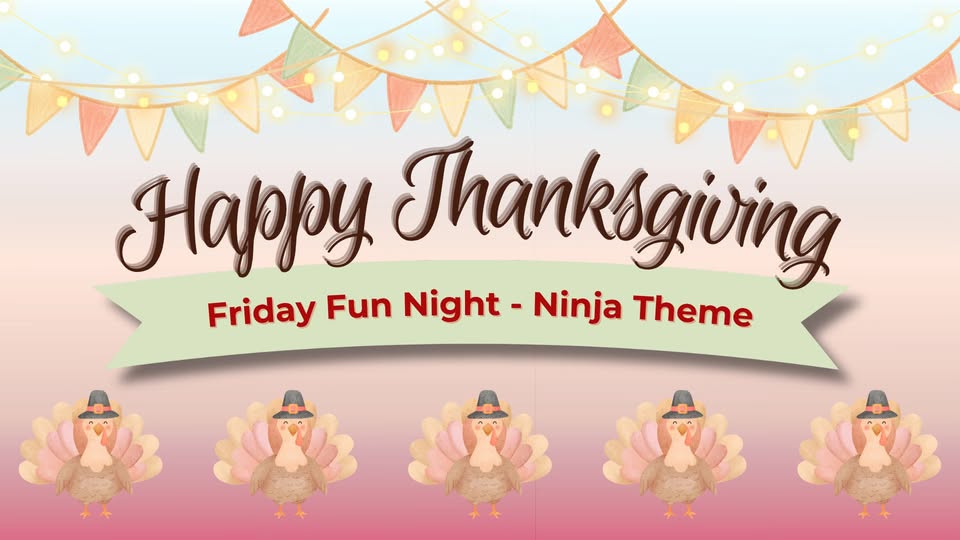 A Thanksgiving flyer featuring turkeys in pilgrim hats and festive bunting lights in McLennan County, Texas.